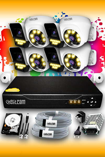 Elitcam 8 Kameralı Süper 4 İç Kamera Set 500 GB 5 MP 2K Renkli Gece Görüşlü G...