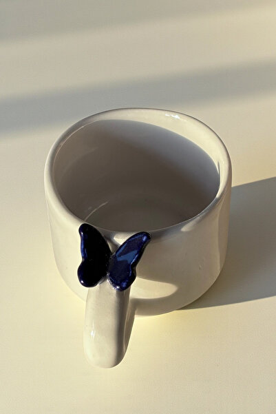 YUUGI CERAMIC El Yapımı Seramik Kupa 3D Mavi Kelebek Figürlü Kupa Kahve Fincanı 180 ml Mug