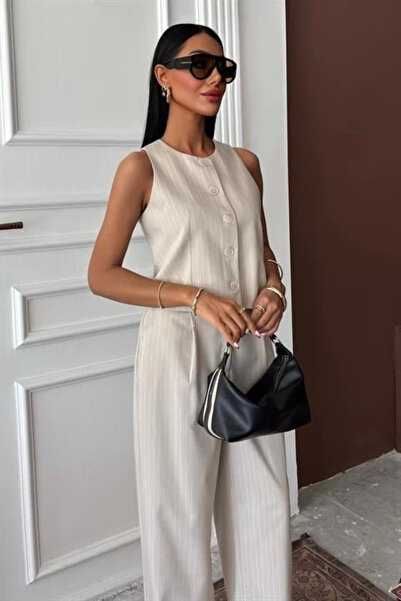 Butik Γιλέκο Plazzo Παντελόνι Ριγέ Flared Polyviscon Suit 10178