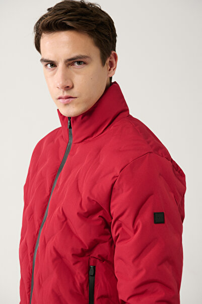 Avva Férfi piros Comfort Fit pufferkabát állógallérral, vízlepergető, szélálló, könnyű kabát E006036