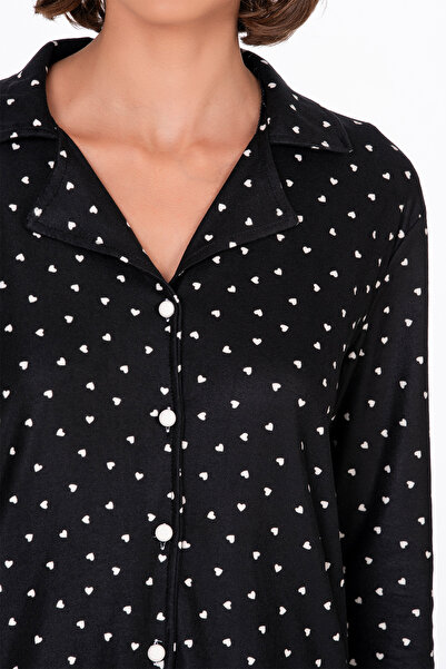 Kompedan Kadın Süet Önden Düğmeli Pijama Takımı | Kalpli Siyah