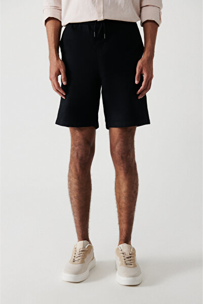 Avva Men's Black 100% Cotton Side Pocket Elastic Waist Linen Textured Shorts E 003603