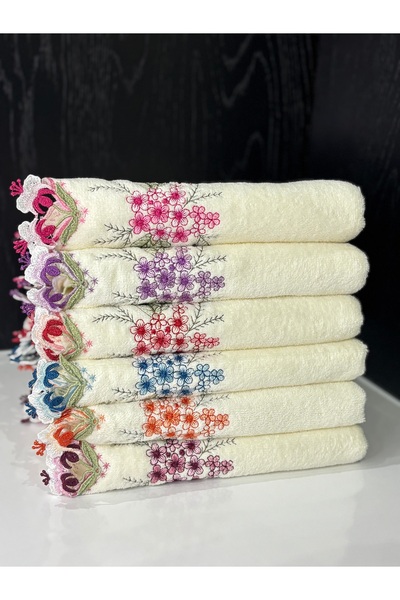 DeLavinDa Şık Çeyizlik Kadife El Havlusu Seti – Krem Nakışlı 6’lı Paket 50x90 cm
