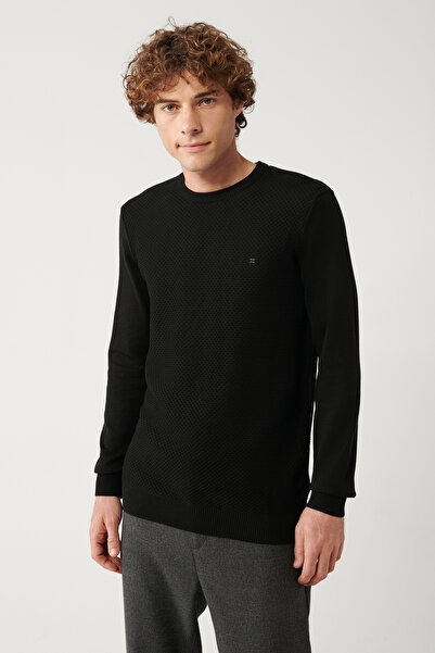 Avva Men's Black Crew Neck Cotton Knitwear Sweater E 005105