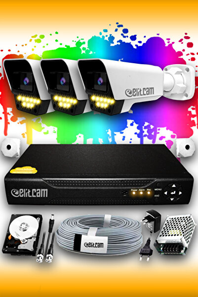 Elitcam 3 Kameralı Süper 3 Dış Kamera Set 320 GB 5 MP 2K Renkli Gece Görüşlü ...
