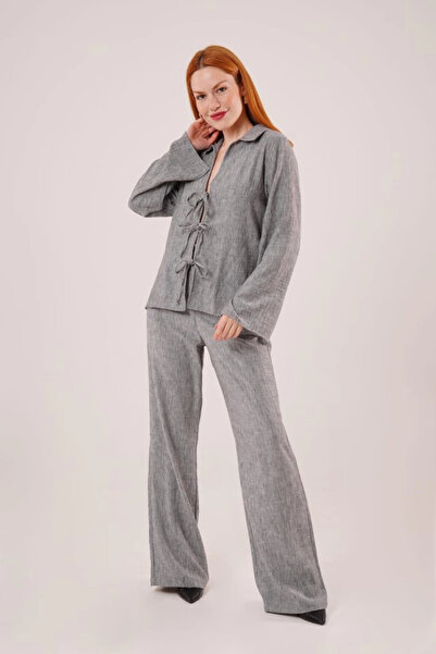 EPSWorld    Front Tie Detailed Trousers and Shirt Anthracite Double Suit