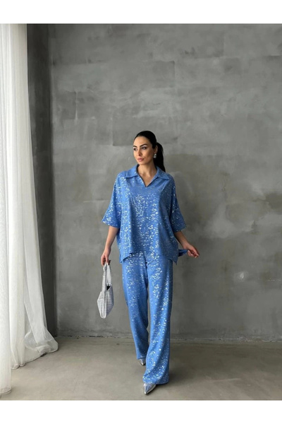 Asil Acar Home Varakli Blue Shirt Pants Set Blue