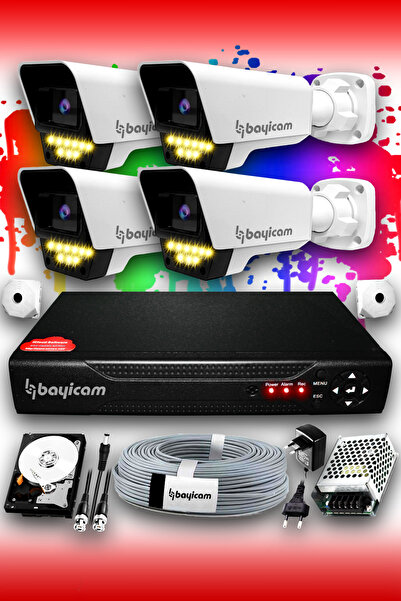 Bayicam 4 Kameralı Süper 4 Dış Kamera Set 250 GB 5 MP 2K Renkli Gece Görüşlü ...