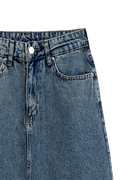 praye Uzun Çan Denim Etek Eskitme Kot