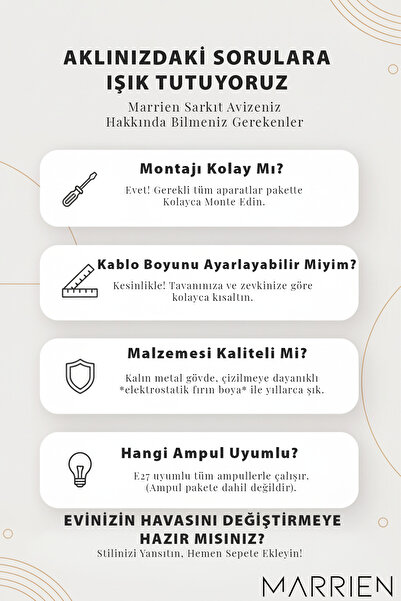 Marrien Nova Krem Metal Sarkıt (35 cm) | Yemek Masası Üstü Avize | Mutfak & Salon Aydınlatması