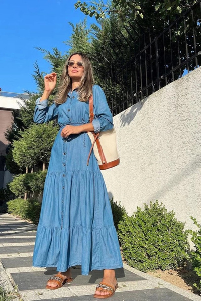 Moda Ebrar Μπλε πουκάμισο φόρεμα