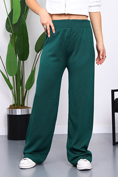 İmajButik Emerald Green High Waist Corded Fabric Wide Leg Knitwear Trousers