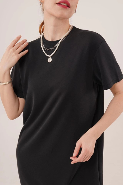 Modayakamoz Short Sleeve Loose Maxi Black Dress with Slit Detail