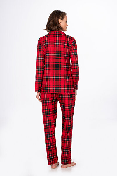 Kompedan Kadın Süet Önden Düğmeli Pijama Takımı | Ekose Kırmızı