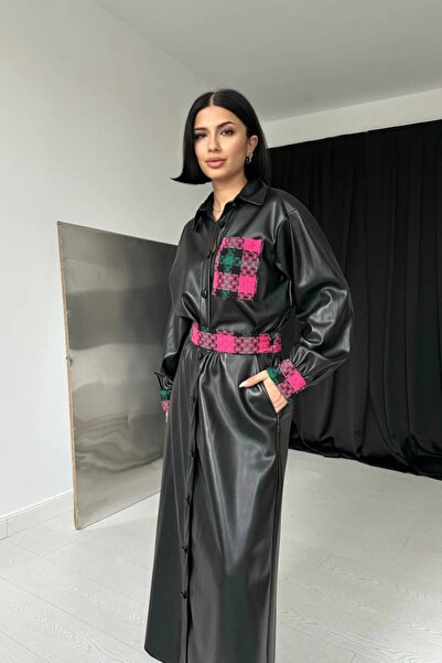 trend_ermege Leather Suit with Black Garnished Skirt