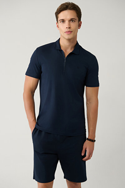 Avva Men's Navy Blue Zippered Polo Neck Cotton T-Shirt E001034