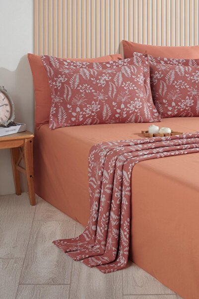 Elart Mokka Yatak Örtüsü Çift Kişilik Keten Görünümlü 3 Parça (240x230 cm) Tarçın