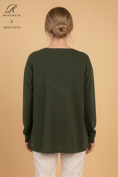 Ravencia Γυναικεία μπλούζα με φλοράλ σχέδιο πέτρα ελαστικό ύφασμα άνοιγμα Χακί μάλλινη μπλούζα από χτενισμένο βαμβάκι