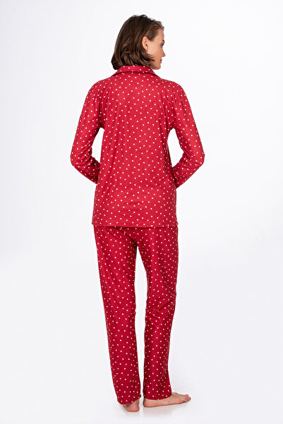 Kompedan Kadın Süet Önden Düğmeli Pijama Takımı | Kalpli Kırmızı
