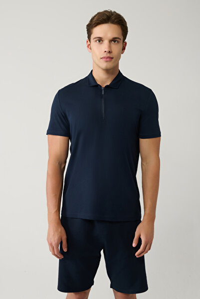 Avva Men's Navy Blue Zippered Polo Neck Cotton T-Shirt E001034