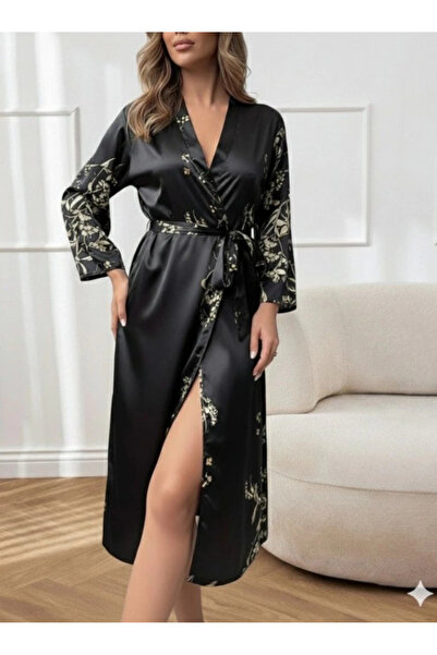 ARONA Mdb Women's Long Sleeve V-Neck Floral Printed Waist Belted Midi Satin Nightgown