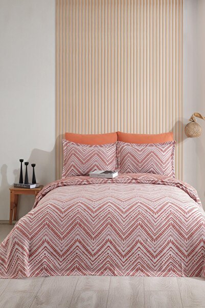 Elart Petra Yatak Örtüsü Takımı Çift Kişilik Keten Görünümlü 3 Parça (240x230 cm) Tarçın