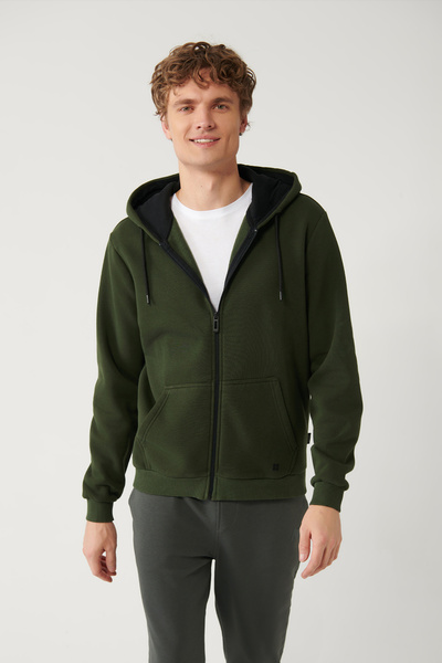 Avva Men's Khaki Hooded Sweatshirt - 3 Thread, Zippered E 001019