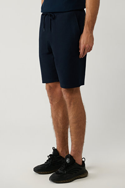 Avva Férfi sötétkék kötött, rugalmas derékú, fűzős texturált pamut keverék rövidnadrág E003404