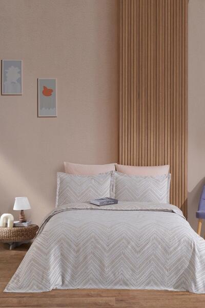 Elart Petra Yatak Örtüsü Takımı Çift Kişilik Keten Görünümlü 3 Parça (240x230 cm) Ekru