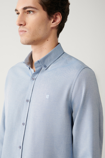 Avva Ανδρικό σκούρο μπλε γιακά με κουμπιά Easy-Iron βαμβακερό πουκάμισο Oxford E 002000