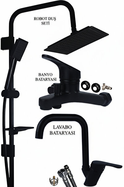 tesitay Siyah Banyo Seti Lavabo Banyo Bataryası Ve Robot Duş Takımı Komple Siyah Musluk Armatür Batarya Duş