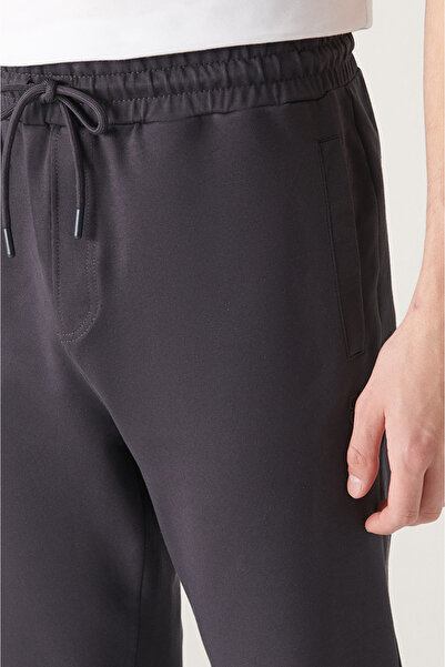 Avva Men's Anthracite Waist Lace-Up Side Pocket Elastic Leg 2 Thread Cotton Sweatpants E 003403