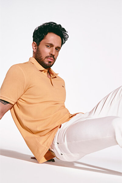 Avva Hellorangefarbenes Basic-T-Shirt aus Baumwolle mit Polokragen für Herren...