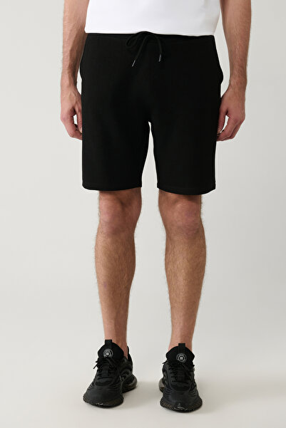 Avva Men's Black Knitted Elastic Waist Lace-Up Textured Cotton Blend Shorts E003404