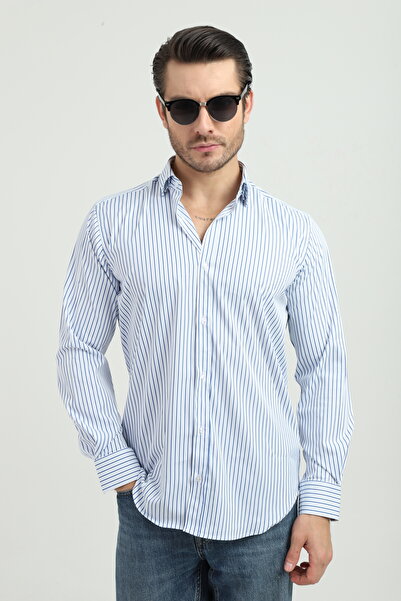 ANDINO Regularfit Dark Blue Striped Men's Shirt Stretch Fabric Stretch Fabric...