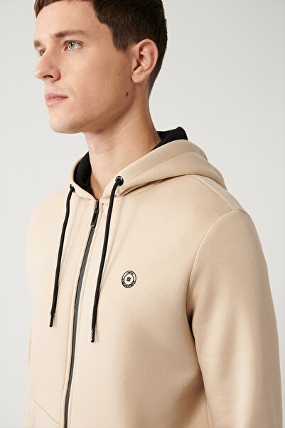 Avva Ανδρικό φούτερ με φερμουάρ σε μπεζ κουκούλα με 3 κλωστές 001019