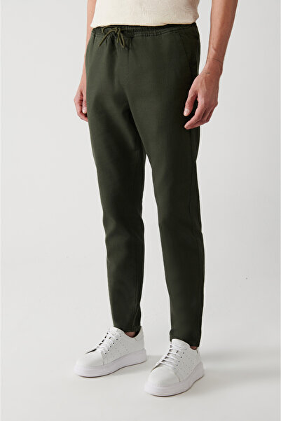 Avva Men's Khaki Side Pocket Elastic Waist 100% Cotton Linen Textured Trousers E 003052