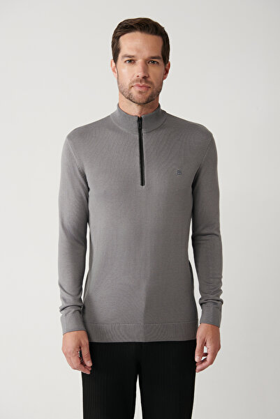 Avva Herren-Pullover mit Stehkragen, grau, mit Lederdetails, Reißverschluss, Viskose-Strickware, reguläre Passform, B005023