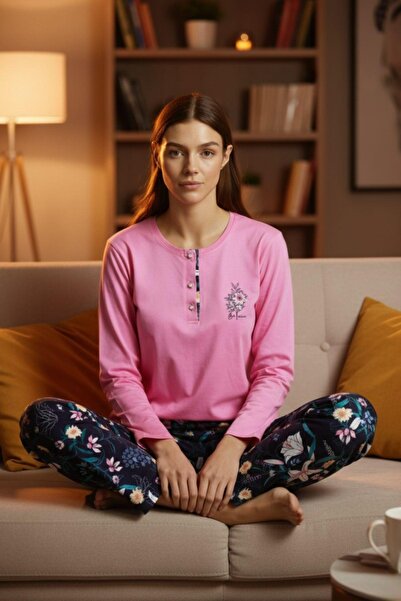 PİJAPİA Premium Kadın Uzun Kol Pijama Takımı Pembe %100 Pamuk