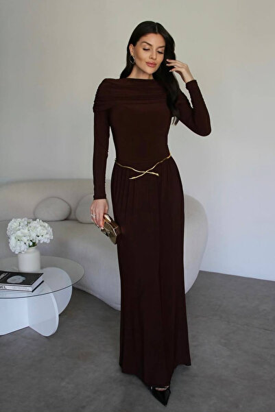 Love Fab فستان مادونا طويل بياقة واسعة وتصميم متساطح من الأسفل مع حزام عند الخصر