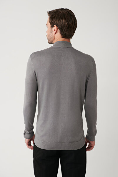 Avva Herren-Pullover mit Stehkragen, grau, mit Lederdetails, Reißverschluss, Viskose-Strickware, reguläre Passform, B005023