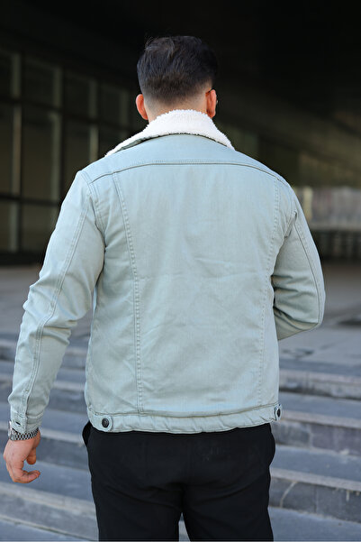 comstar Men's Trendy Winter Fur-Lined Dark Green Denim Jacket