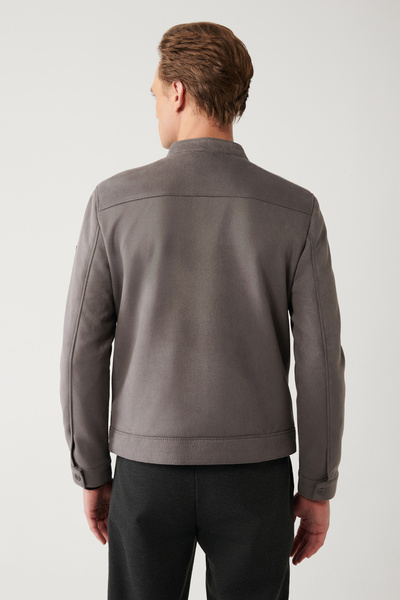 Avva Men's Anthracite Stand Collar Suede Textured Seasonal Comfort Fit Coat B006002