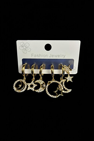 GLOW LUXE 316L Çelik Zirkon Taşlı Ay Yıldız Bayraklı 6'lı Küpe