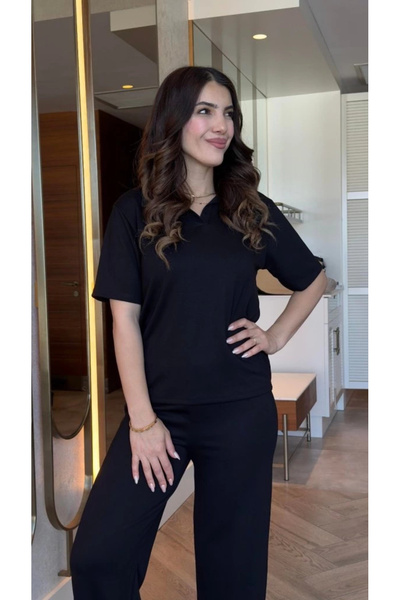 Butik Women's Short Sleeve Collared Viscose Two Thread Blouse and Pants Two Piece Set