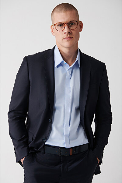 Avva Men's Navy Blue Swallow Collar Slit Wool Blend Comfort Slim Fit Suit B007701