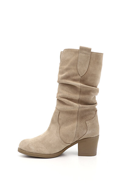 GÖNDERİ(R) Kadın / Kız Bej Süet Kalın Topuklu Körüklü Hakiki Deri Çizme