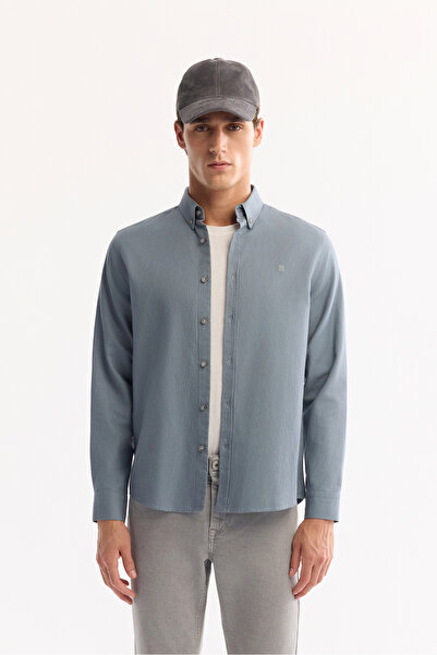 Avva Ανδρικό πουκάμισο με μπλε κουμπιά με γιακά από βαμβακερό μαλακό αφής κανονική εφαρμογή B002036