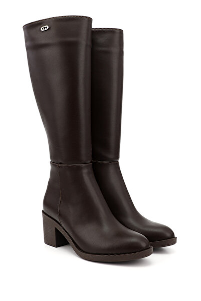 GÖNDERİ(R) Γυναικείες/Κοριτσίστικες μπότες με χοντρό τακούνι με φερμουάρ σε καφέ χρώμα