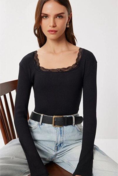 Butik Women's Long Sleeve Square Neck Tulle Detail Ribbed Knit Fabric Blouse